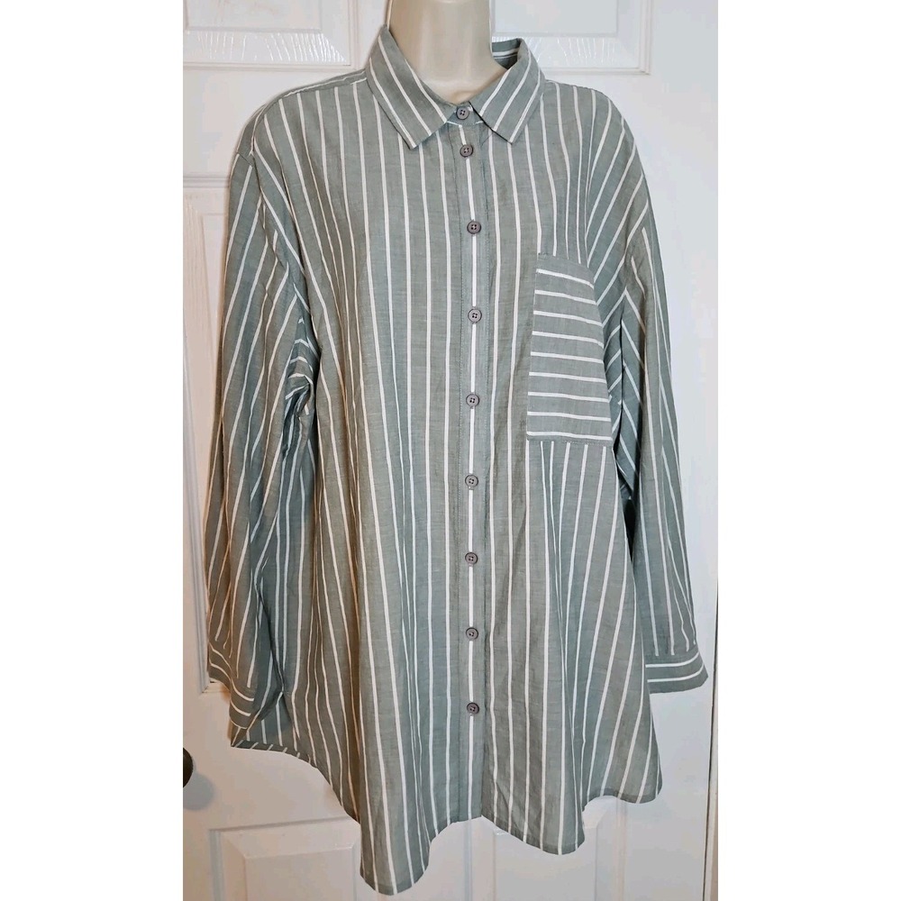 Garnet Hill Womens 18 Blouse Button Down Shirt Organic Cotton Sage Green Stripe
